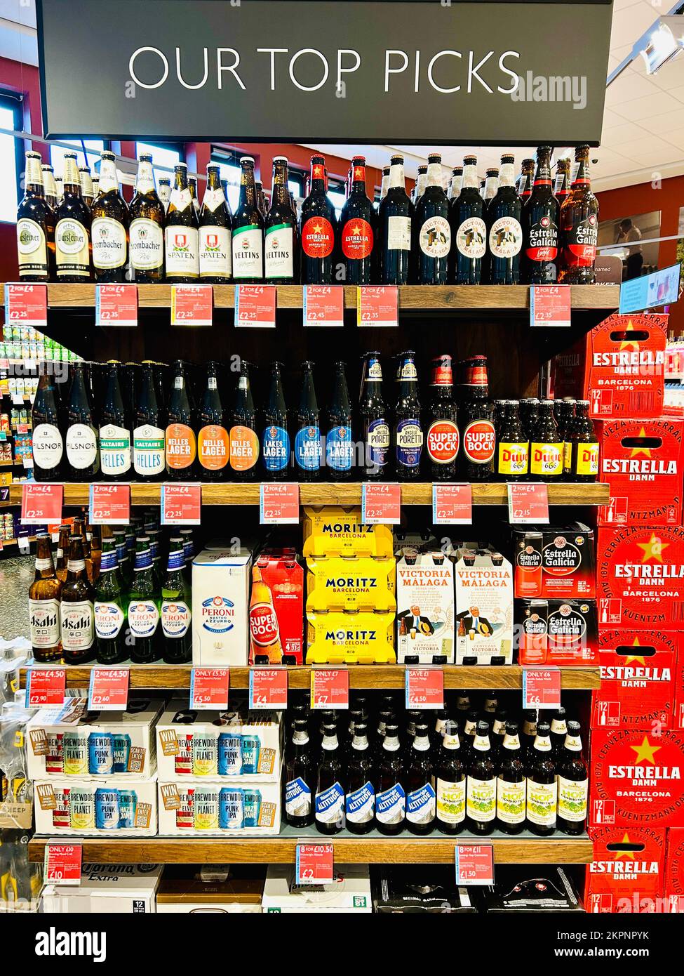 Alcohol aisle at Booths Supermarket, Ilkley. Shelves full of alcoholic