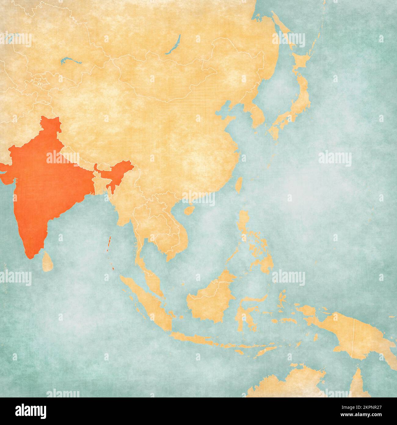 India on the map of East and Southeast Asia in soft grunge and vintage style, like old paper with watercolor painting. Stock Photo