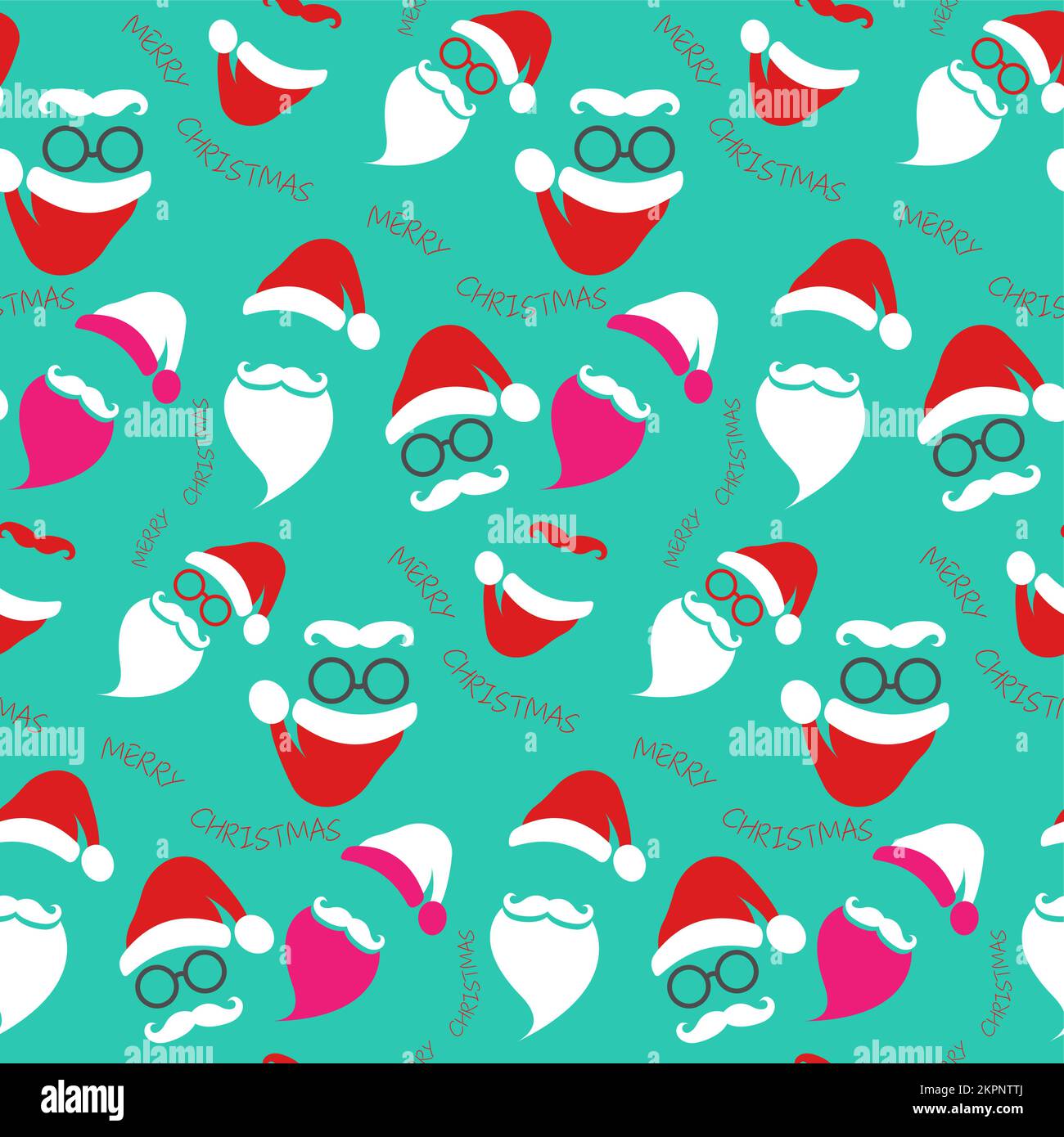 Seamless Santa Claus pattern fashion hipster style set icons. Santa hats, moustache and beards, glasses. Merry Christmas elements for your festive Stock Vector