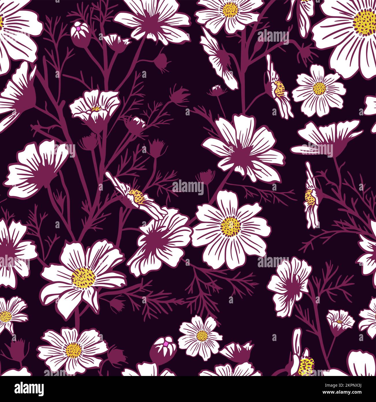 Vintage floral on a black background. Seamless pattern pink flowers ...
