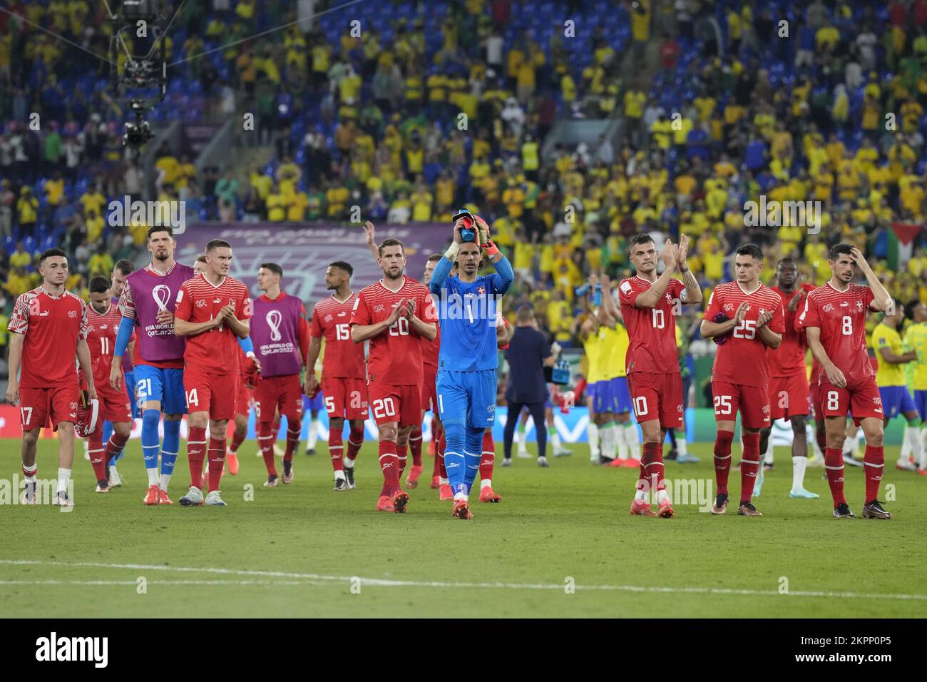 Doha, Qatar. 28th November 2022; Stadium 974, Doha, Qatar; FIFA World Cup  Football, Brazil versus Switzerland; Large Trophy replica for Copa do Mundo  FIFA Qatar 2022 on display pre-game Credit: Action Plus Sports Images/Alamy  Live News Stock