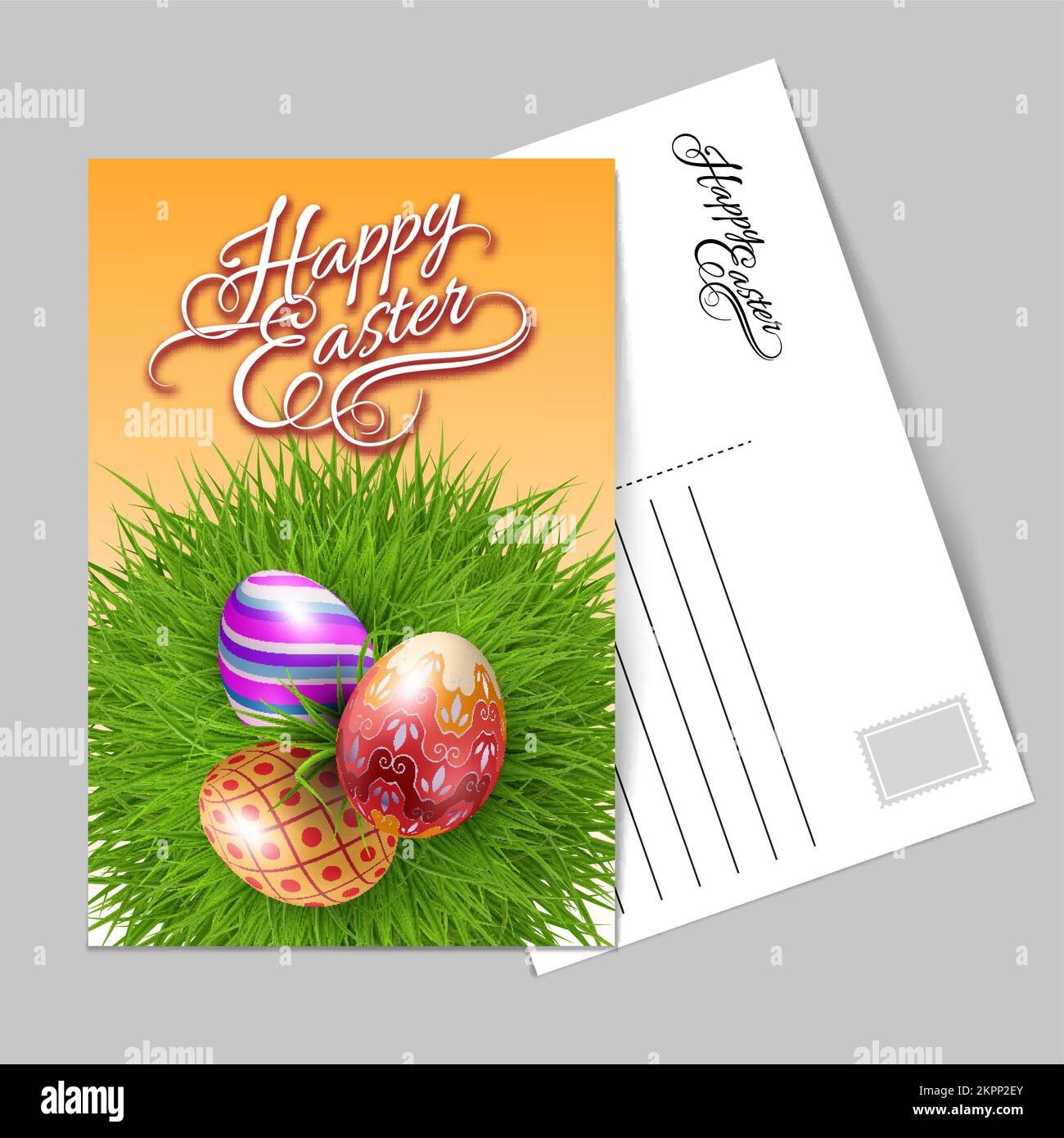 Template Greeting Card with Three Brightly Colored Easter Eggs on a Round Patch of Green Grass Over Gray Background to Celebrate the Festive Season Stock Vector