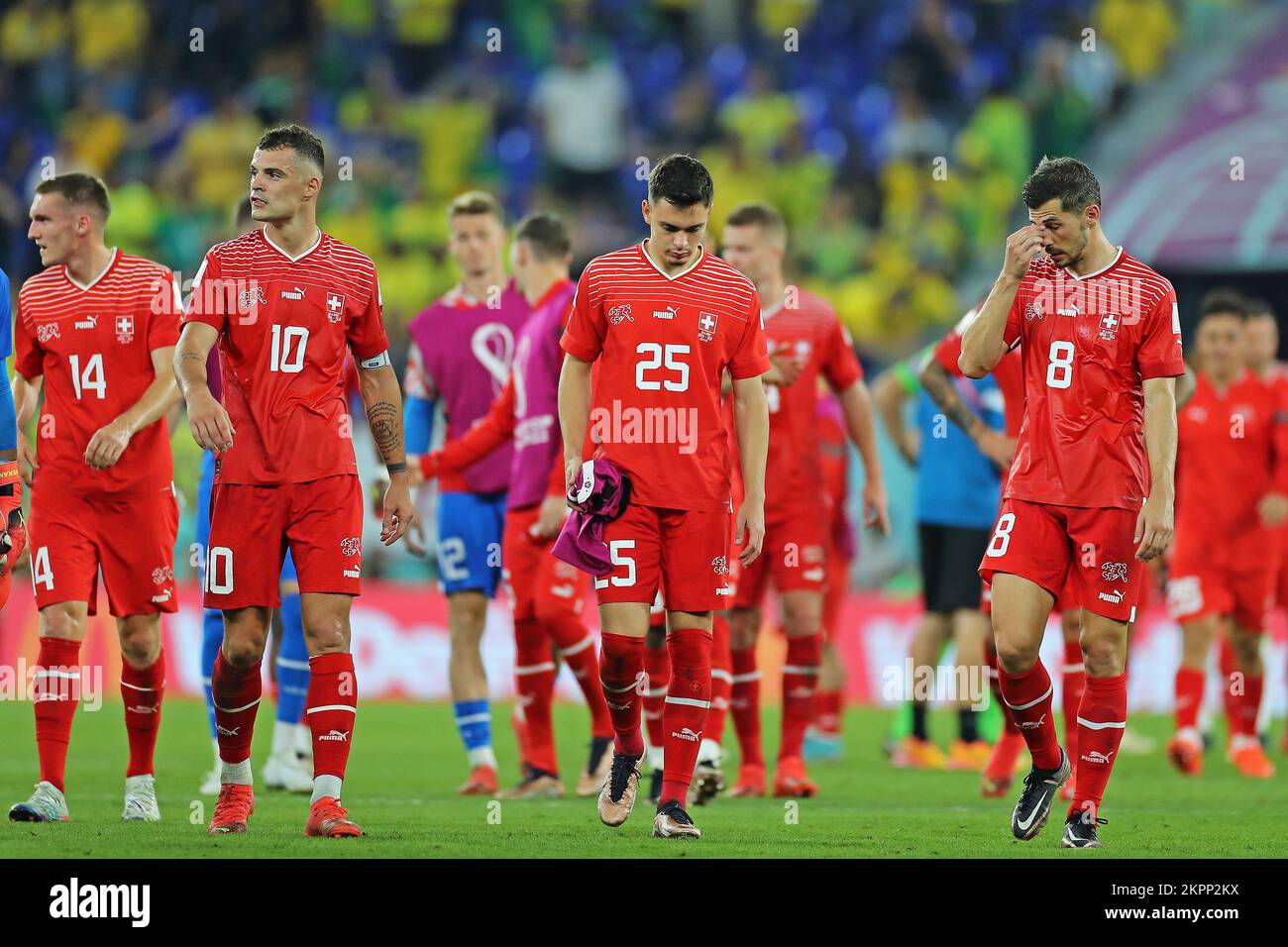 Doha, Qatar. 28th November 2022; Stadium 974, Doha, Qatar; FIFA World Cup Football, Brazil versus Switzerland; Michel Aebischer, Granit Xhaka, Fabian Rieder and Remo Freuler of Switzerland show their frustration as they lose by 1-0 Credit: Action Plus Sports Images/Alamy Live News Stock Photo