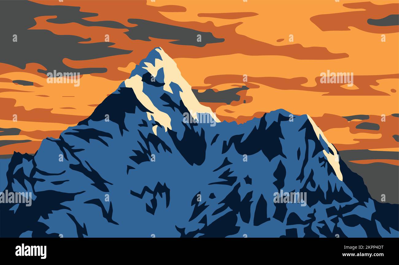 Mount Ama Dablam evening view, vector illustration, Himalayas mountains, Khumbu valley, Everest area, Nepal Stock Vector