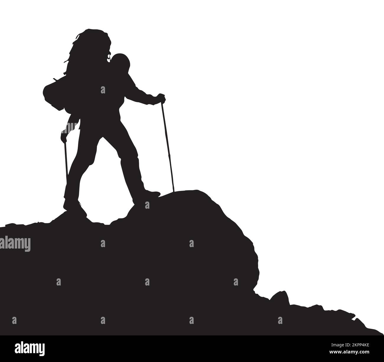 black silhouette of hiker or tourist or backpacker on white background, vector illustration Stock Vector