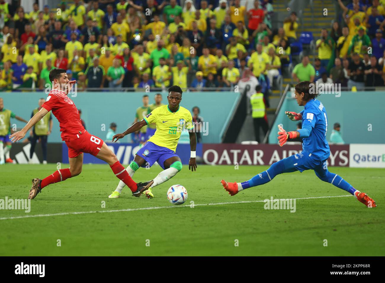 Doha, Qatar. 28th Nov, 2022. Vinicius Junior of Brazil scores a goal that is later ruled out by VAR during the 2022 FIFA World Cup Group G match at Stadium 974 in Doha, Qatar on November 28, 2022. Photo by Chris Brunskill/UPI Credit: UPI/Alamy Live News Stock Photo