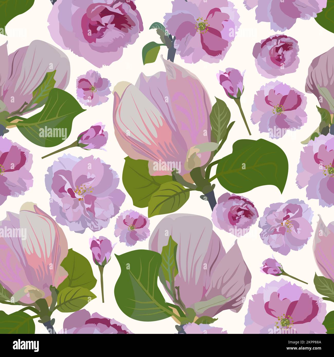Vector seamless pattern with sakura, magnolia flowers. Spring floral background. Stock Vector