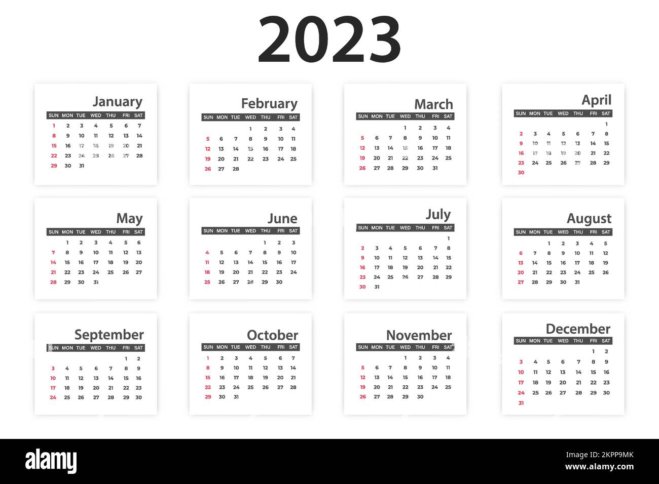 Classic monthly calendar for 2023. The week starts on Sunday. Vector design isolated on white background Stock Vector