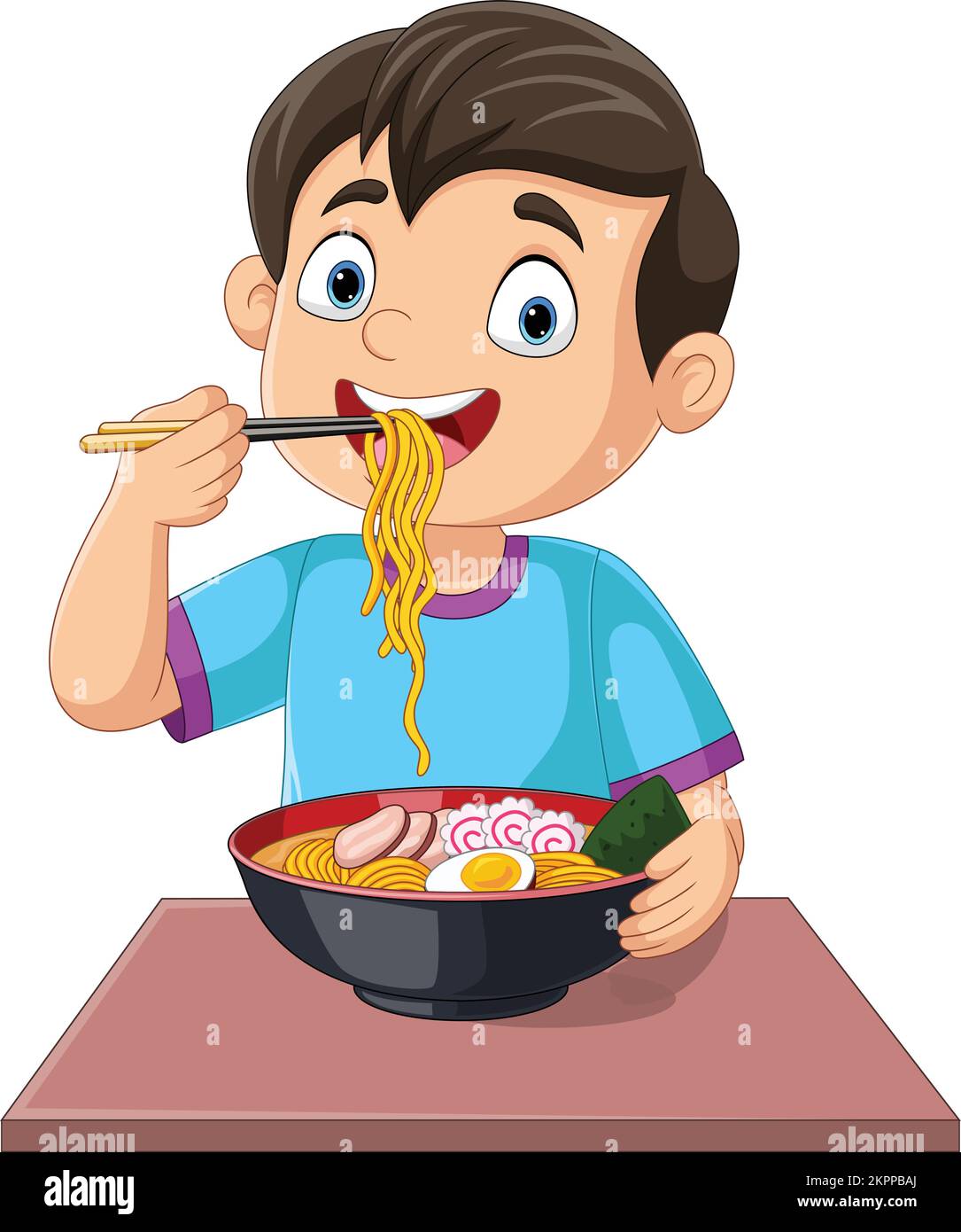 Cartoon little boy eating ramen noodle Stock Vector
