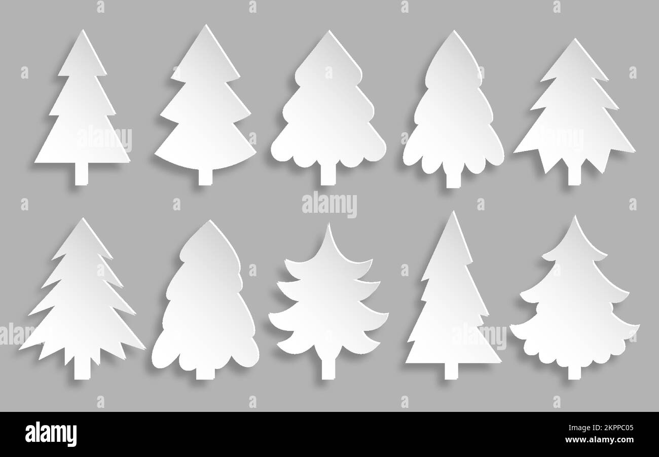 Christmas tree paper cut set. Merry xmas happy New Year decoration sign. Origami cartoon application. Pine spruce fir cone shape for laser cut craft card, garland element, label tag badge template Stock Vector