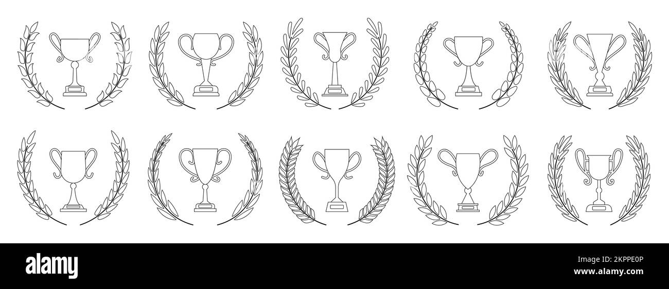 Goblet with laurel wreath black line icon set. 1st 2nd 3rd place different shape winner award. Champion prize heraldic emblem. Victory leaderships trophy cups. Best choice symbol. Championship signs Stock Vector