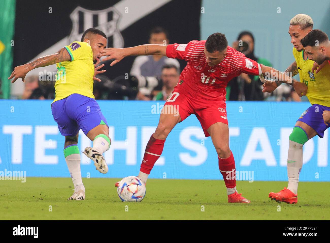 Doha, Qatar. 28th Nov, 2022. Granit Xhaka of Switzerland holds off his Arsenal team mate Gabriel Jesus of Brazil during the FIFA World Cup Qatar 2022 Group G match between Brazil and Switzerland at Stadium 974, Doha, Qatar on 28 November 2022. Photo by Peter Dovgan. Editorial use only, license required for commercial use. No use in betting, games or a single club/league/player publications. Credit: UK Sports Pics Ltd/Alamy Live News Stock Photo