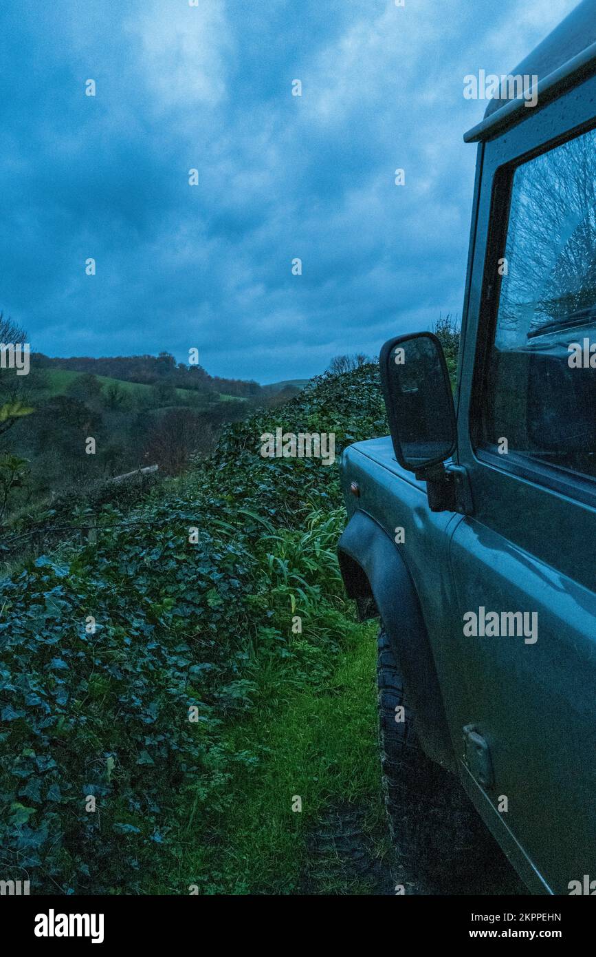 Rural view of Dorset countryside from an old Land Rover Defender on a stormy autumn evening Stock Photo