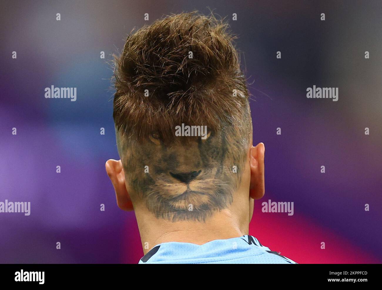 Doha, Qatar, 28th November 2022. A lion tattoo on the back of the head of Sebastian Sosa of Uruguay  during the FIFA World Cup 2022 match at Lusail Stadium, Doha. Picture credit should read: David Klein / Sportimage Stock Photo