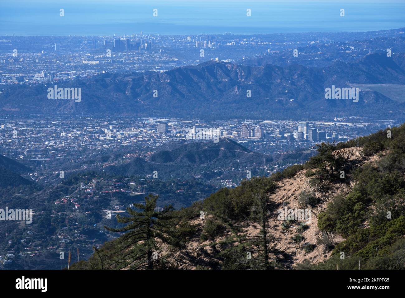 View of Glendale, Griffith Park and Century City from Mt Lowe in the Angeles National Forest and San Gabriel Mountains area of Los Angeles County, Cal Stock Photo