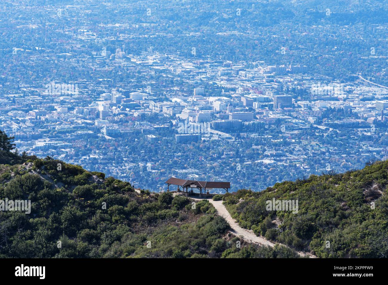 View of Inspiration Point and downtown Pasadena from the Mt Lowe hiking trail in the Angeles National Forest and San Gabriel Mountains area of Los Ang Stock Photo