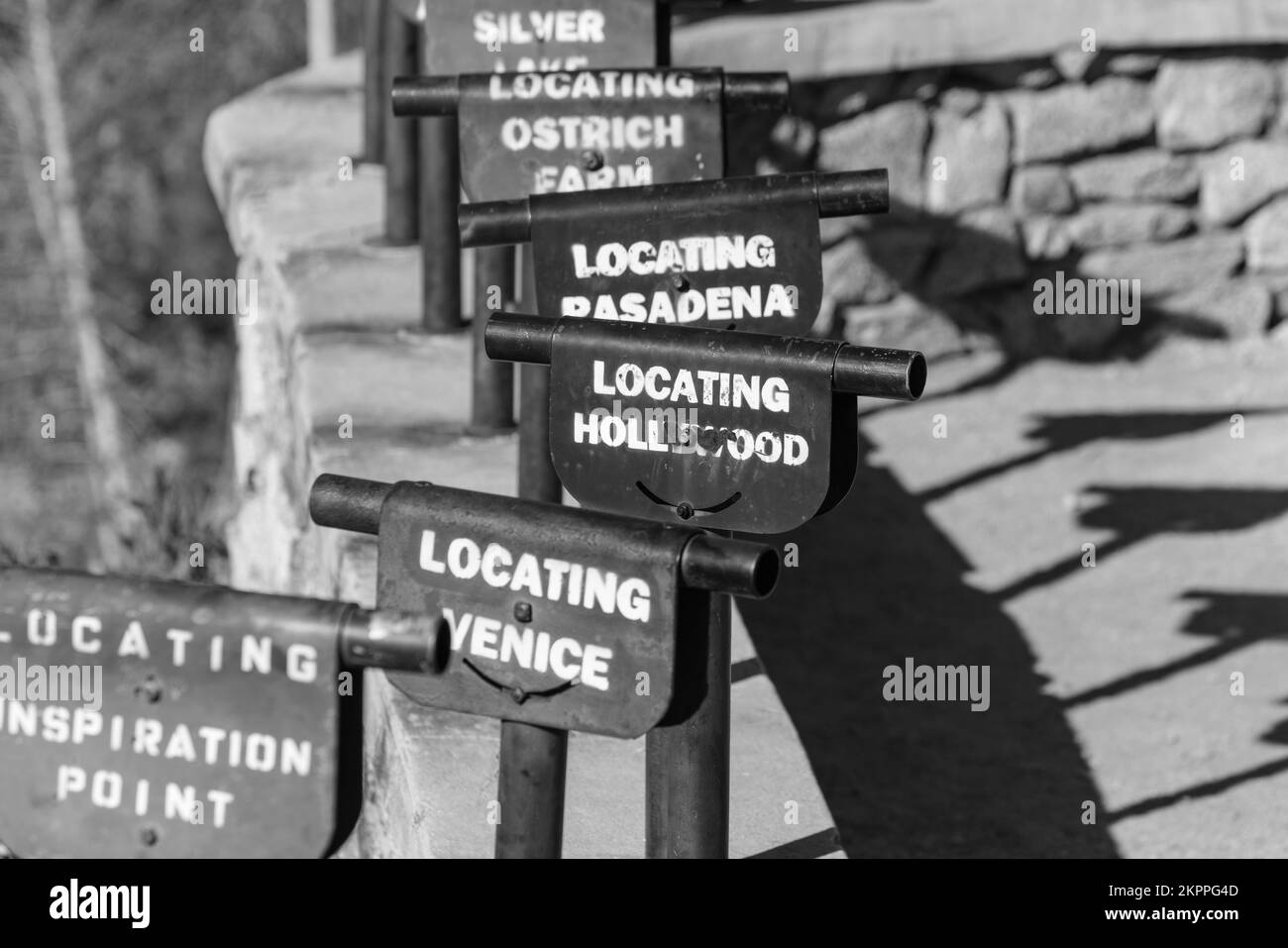 Historic viewing tubes at Inspiration Point lookout in the San Gabriel Mountains and Angeles National Forest above Pasadena and Los Angeles. Stock Photo