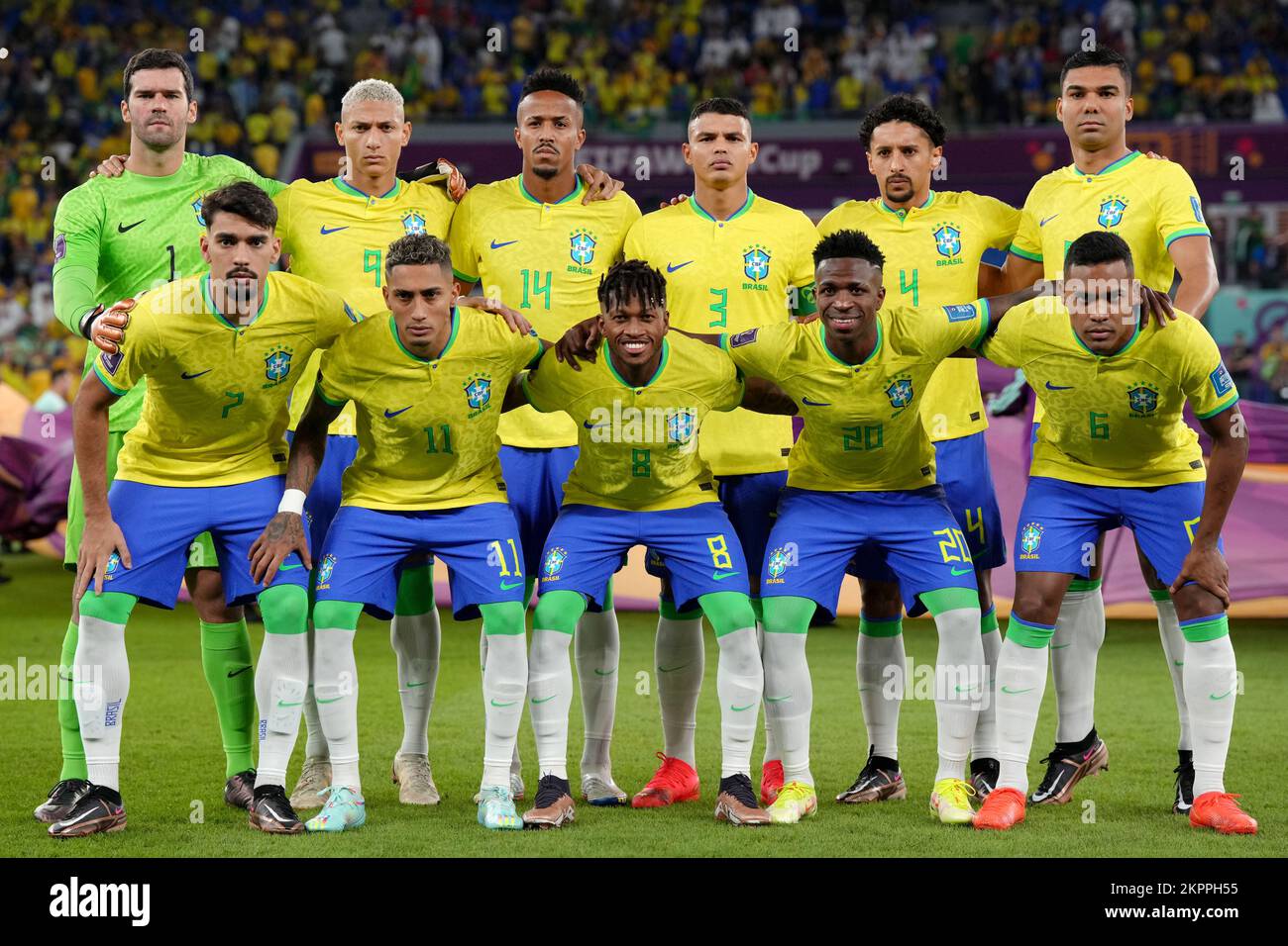 Brazil players, back row, left to right, Alisson, Richarlison, Eder Militao, Thiago Silva, Marquinhos, Casemiro, front row, left to right, Lucas Paqueta, Raphinha, Fred, Vinicius Junior and Alex Sandro line up before the FIFA World Cup Group G match at Stadium 974 in Doha, Qatar. Picture date: Monday November 28, 2022. Stock Photo