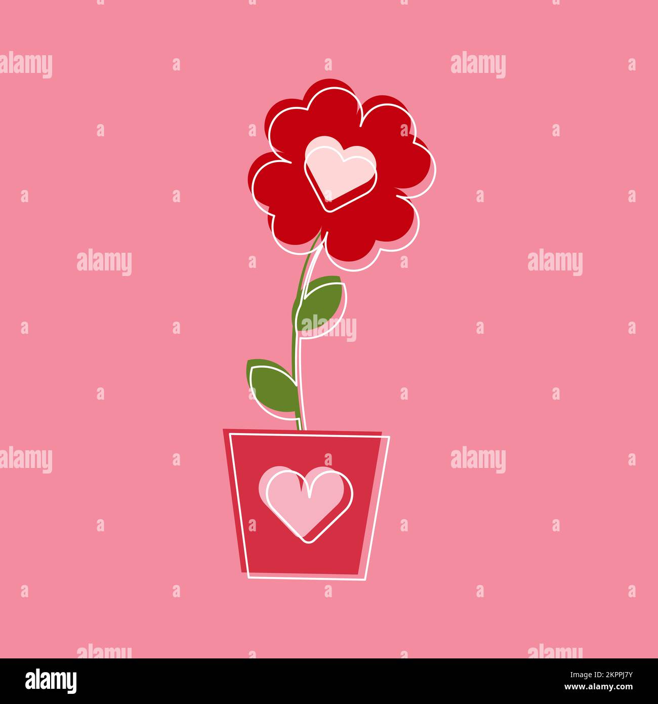 Heart shape red flowers in a flower pot. Love and romance symbol. Flat ...