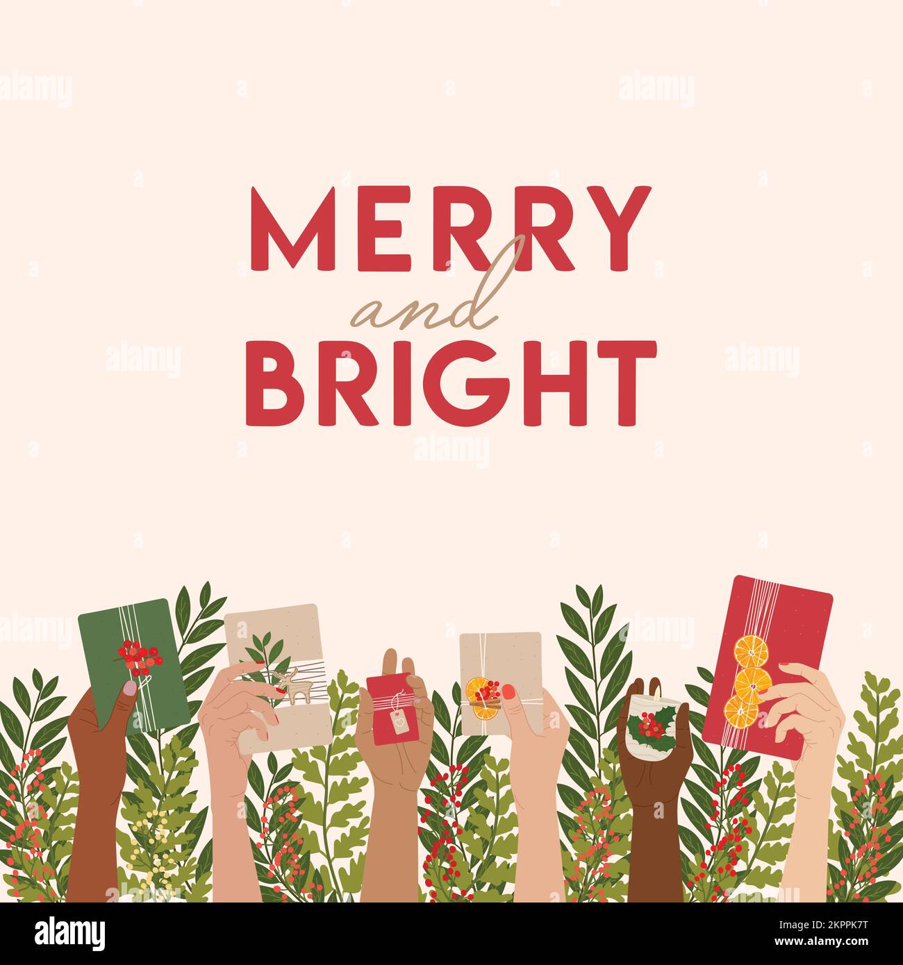 Merry Christmas greeting card with female hands with gift boxes on 