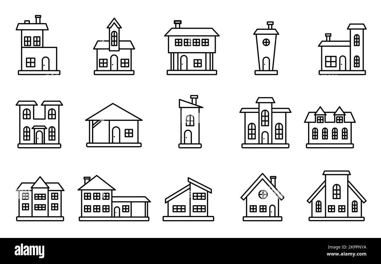 Houses exterior front view black line icon set. Coloring book page with ...