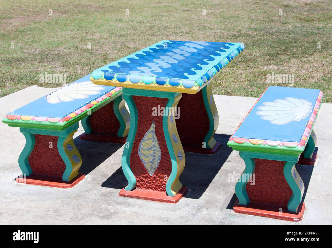 The colorful concrete table and benches in Lautoka town public park (Fiji). Stock Photo