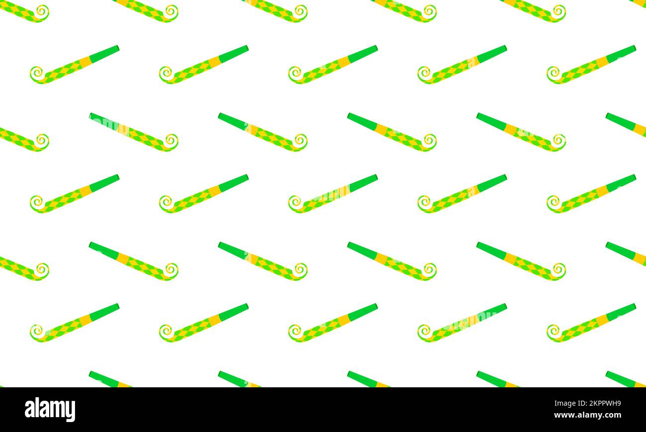 Party noisemakers background. Green and yellow blowers seamless pattern