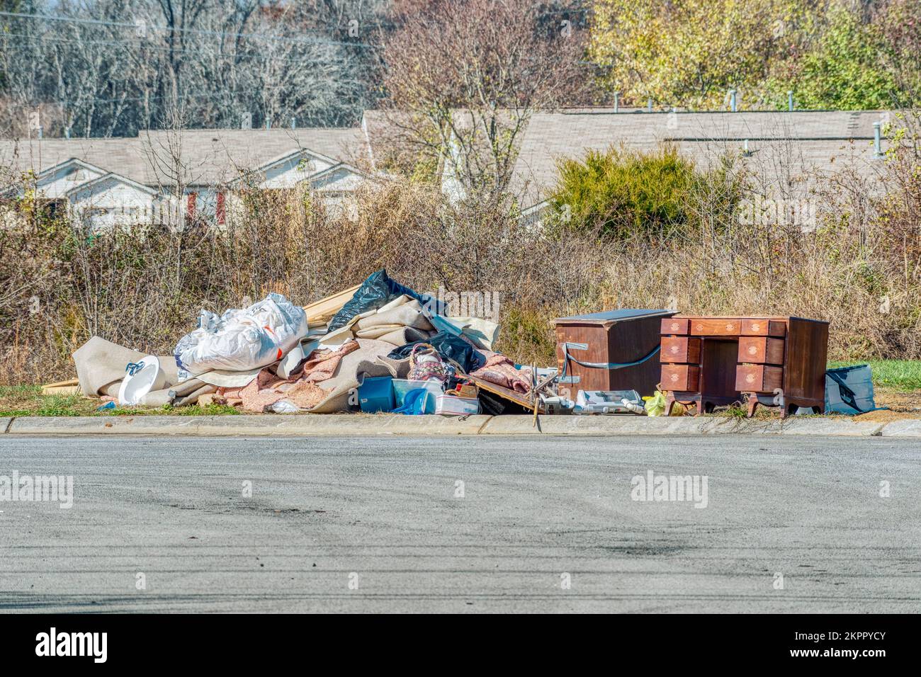 Horizontal shot of ugly garbage that was dumped behind a residential neighborhood. Stock Photo