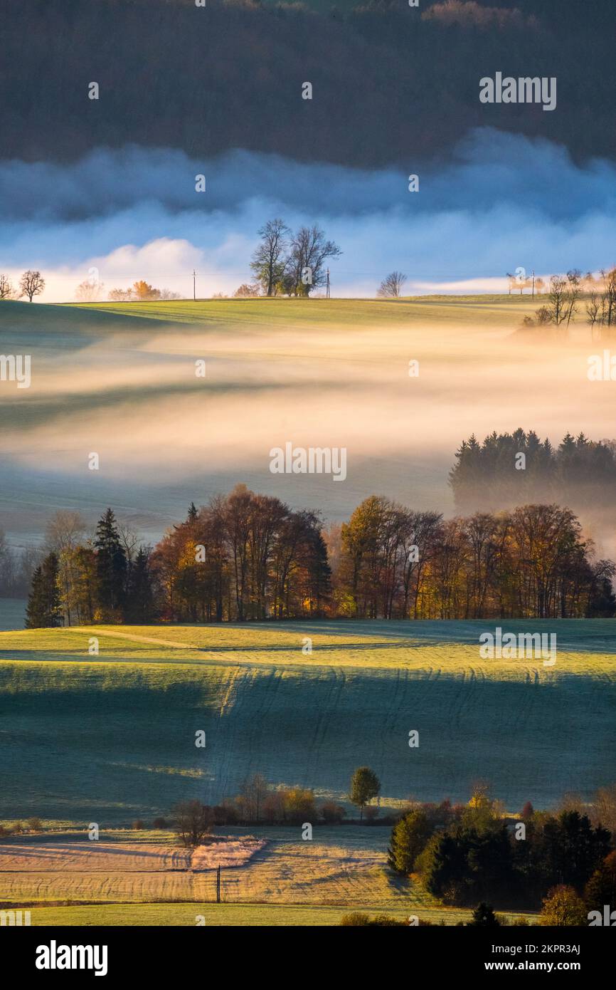 Rural autumnal landscape with low clouds at dusk, Salzburg, Austria Stock Photo