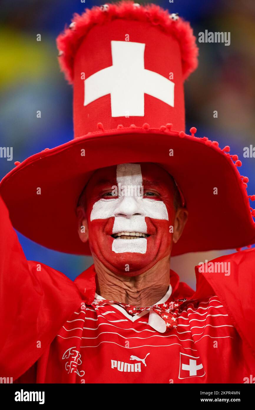 Doha, Qatar. 28th Nov, 2022. Supporter of Switzerland poses for a photo before the FIFA World Cup Qatar 2022 Group G match between Brazil and Switzerland at Stadium 974. (Credit Image: © Florencia Tan Jun/PX Imagens via ZUMA Press Wire) Credit: ZUMA Press, Inc./Alamy Live News Stock Photo