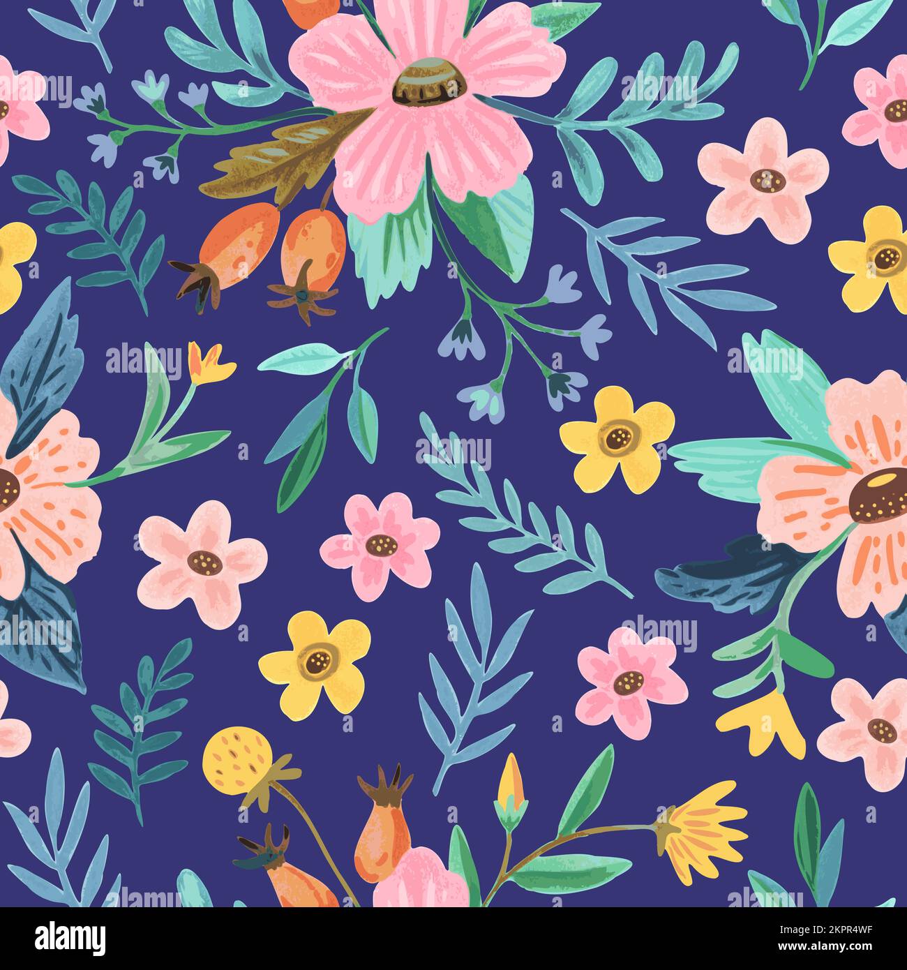 Seamless pattern with colorful doodle floral compositions and elements in watercolor style for decor, greeting cards. Stock Vector