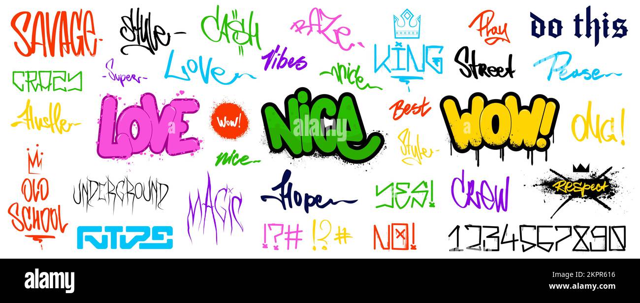 Street art graphic set with tags and 3D graffiti with spray effect