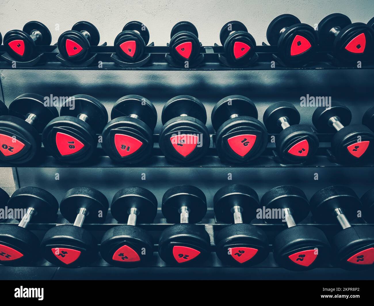 Black dumbbells in a gym, in France Stock Photo