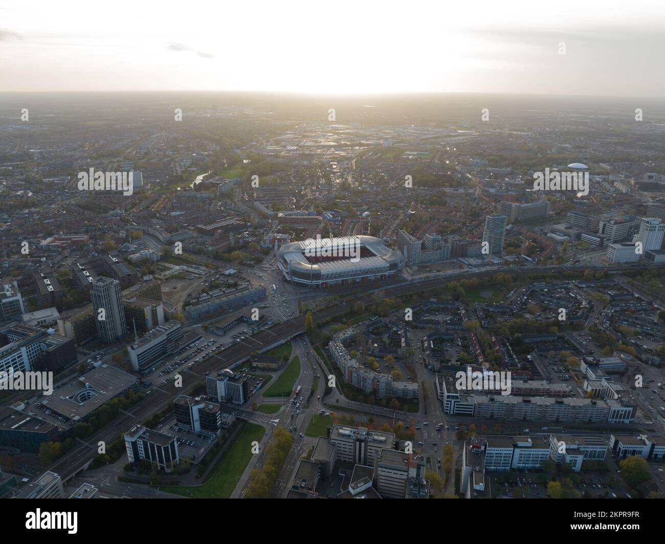 Eindhoven, 2th of November 2022, The Netherlands. Inner city center skyline, rail roadstation, Philips buildings, PSV stadium and infrastructure. City Stock Photo