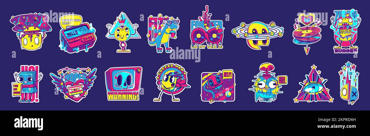 Retro rave stickers, comic patches with music record, mushrooms, Earth globe with atomic explosion, vintage cassette, pager, dinosaur, burger and tv, Stock Vector