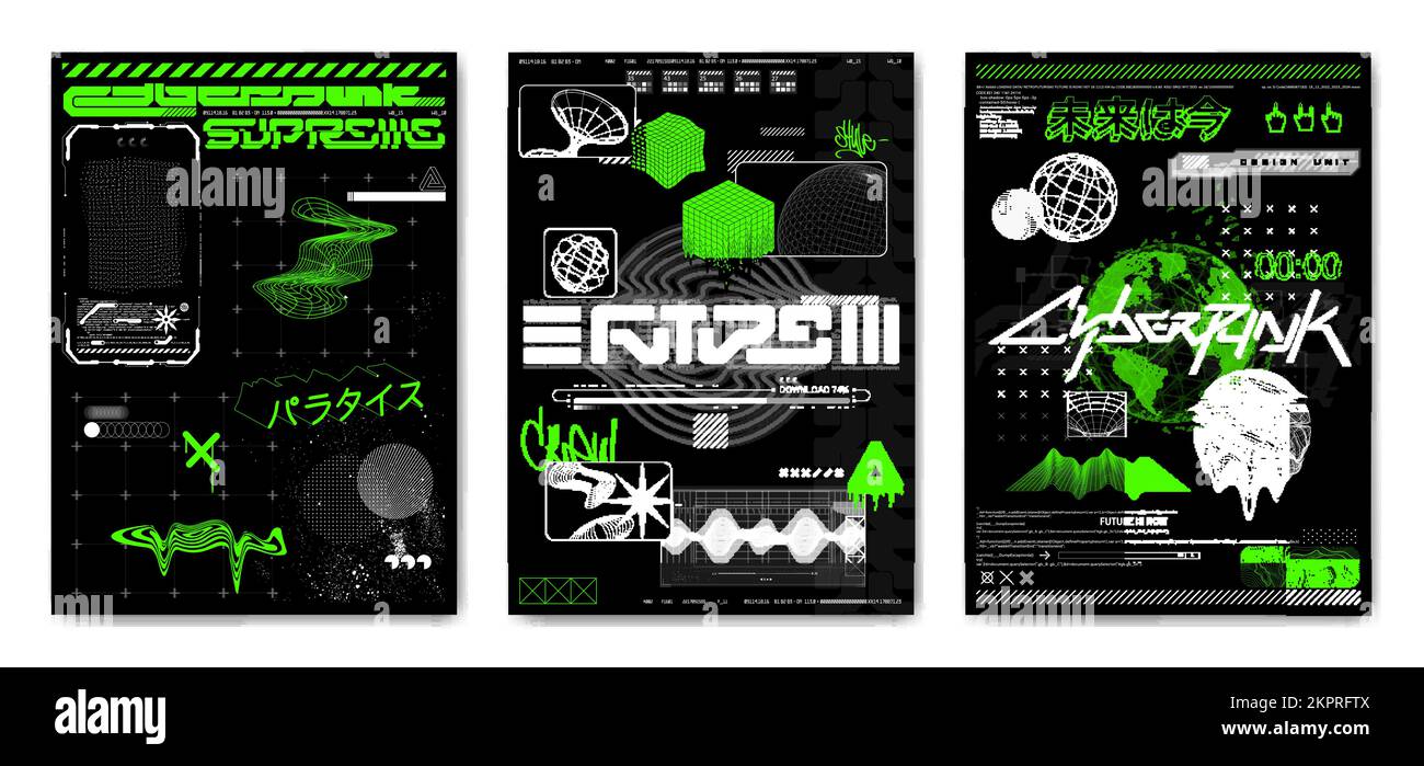 Retro futuristic posters in cyberpunk style. Glitch template for merch Stock Vector