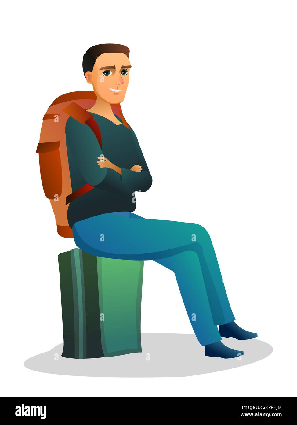 Tourist with backpack and suitcase. Goes on trip. Traveler on road. Sits on luggage and waits. Isolated on white background. Vector Stock Vector