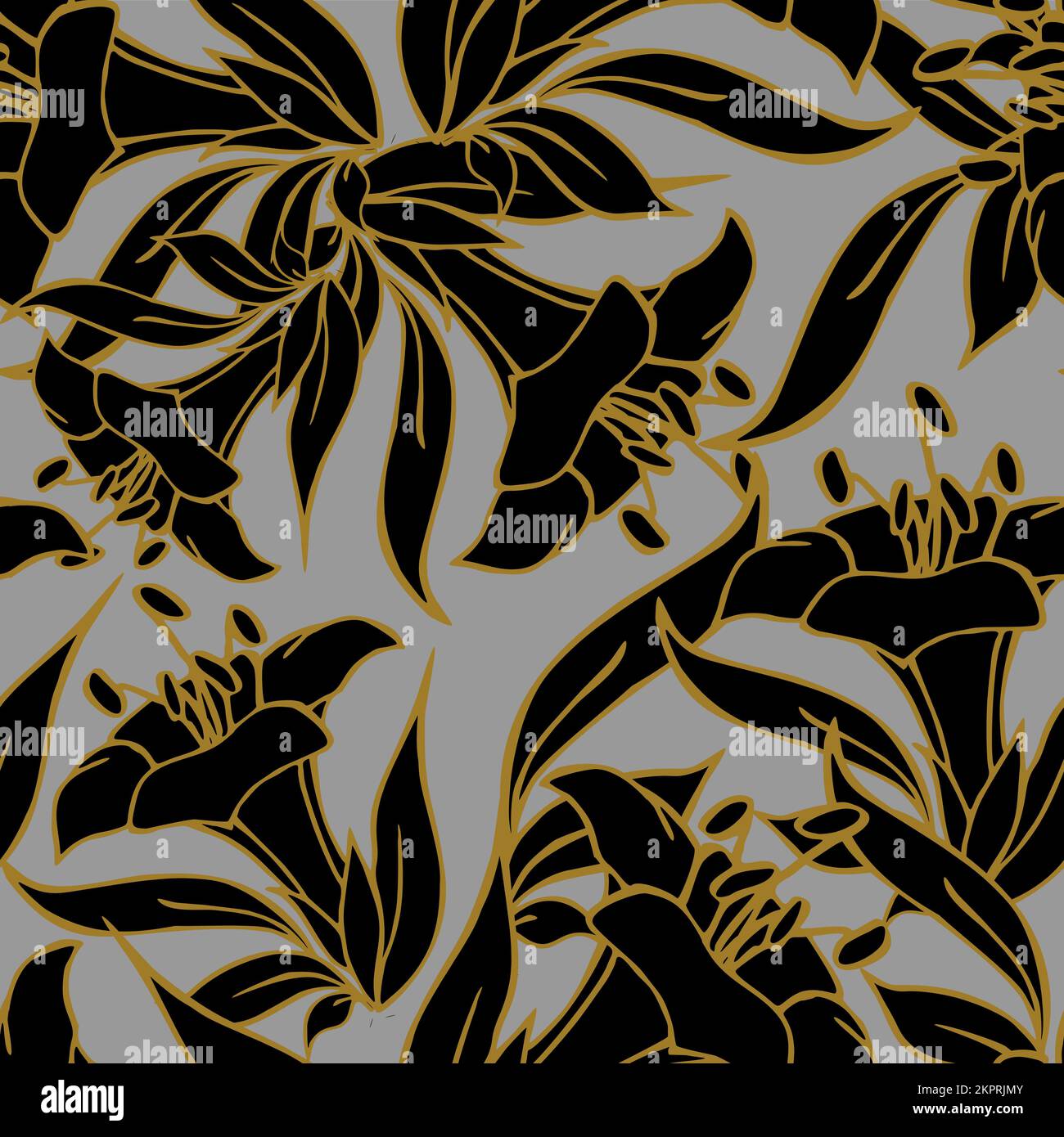 seamless pattern of large black flowers with a golden outline on a ...
