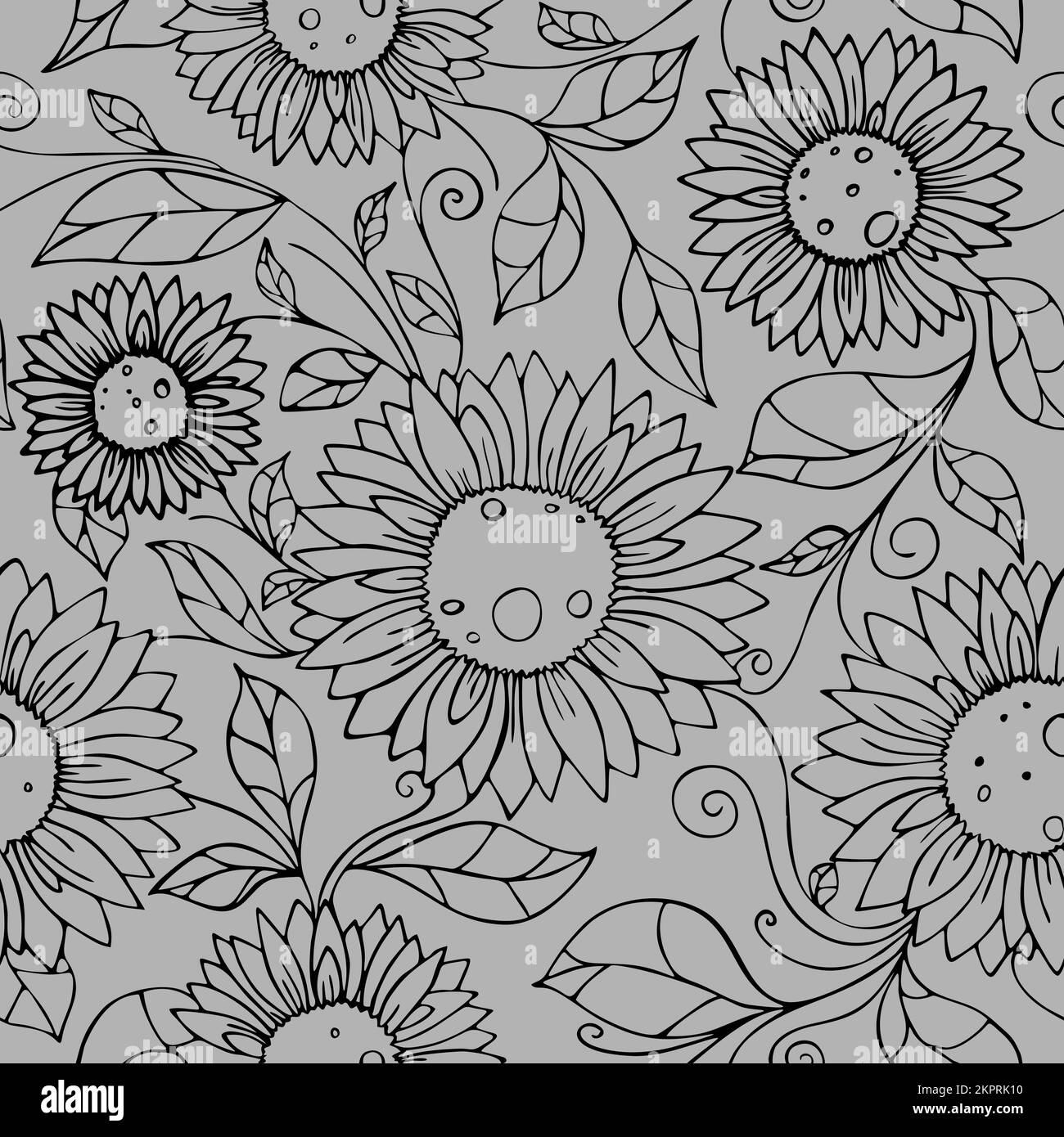seamless pattern of black contours of flowers on a gray background ...