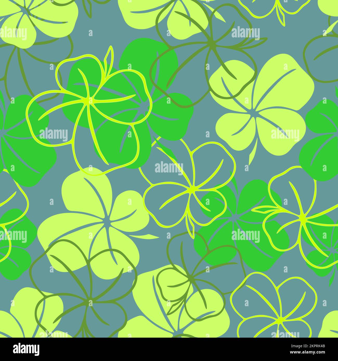 seamless pattern of green contours and silhouettes of a four-leaf clover on a blue background, texture design Stock Photo