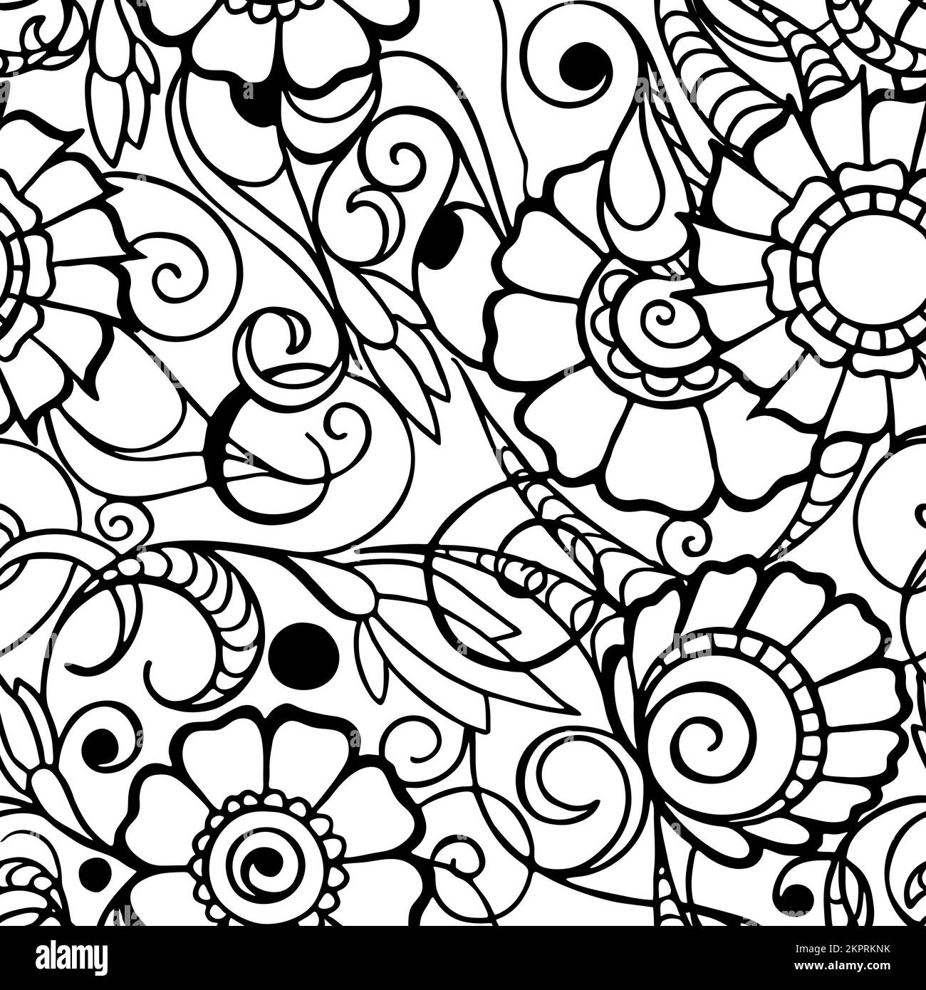 seamless pattern of black contours of flowers on a white background ...