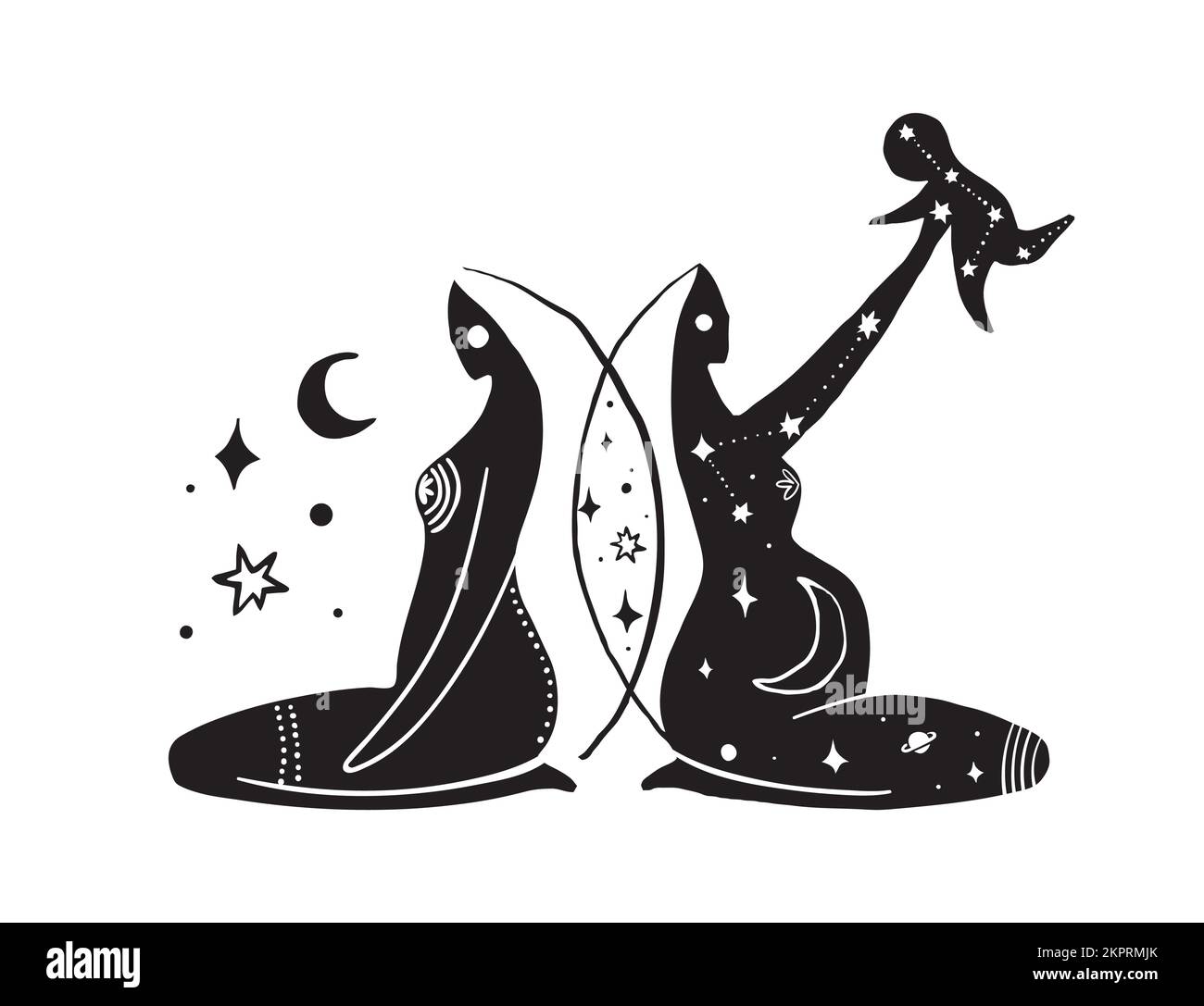Silhouette of a young girl and a pregnant woman with a child, a mystical female icon, a symbol of motherhood, sacred femininity. Vector illustration i Stock Vector
