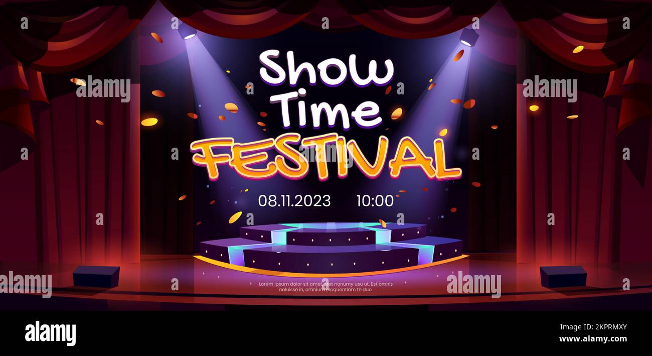 Show time festival banner, theater stage, podium, spotlights, red