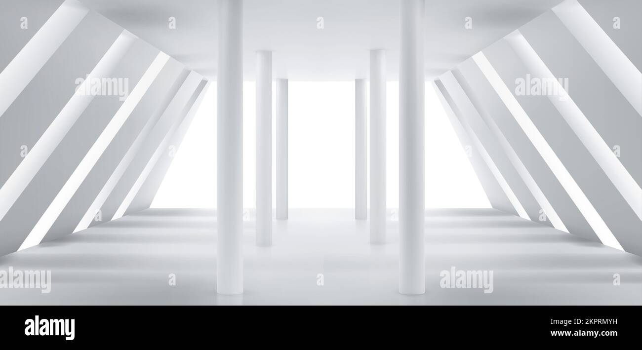 Empty modern hall interior of gallery, office or house. Corridor with inclined white walls, columns and niches in perspective view, vector realistic illustration Stock Vector