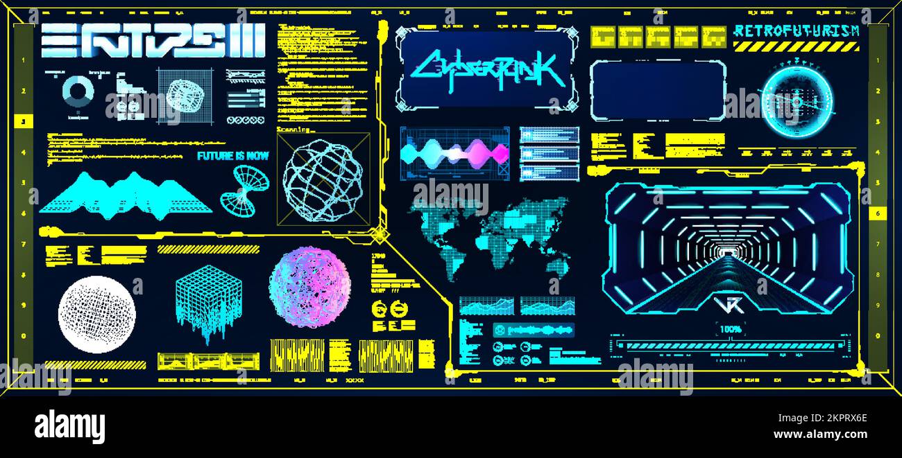 Retro wave cyberpunk with HUD interface elements and 3D shapes Stock Vector