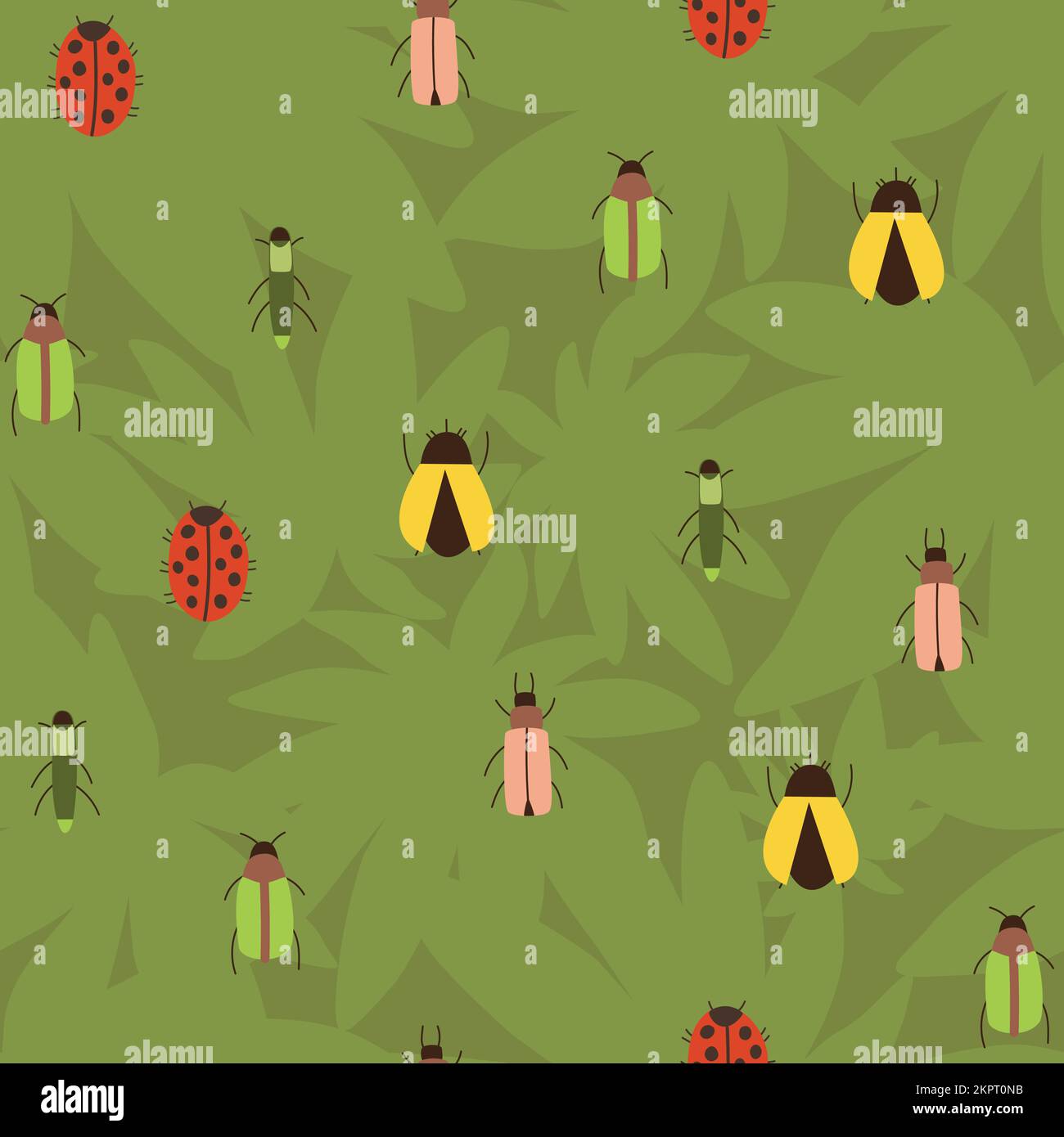 Bright colourful beetles on green leaves, seamless pattern. Stock Vector