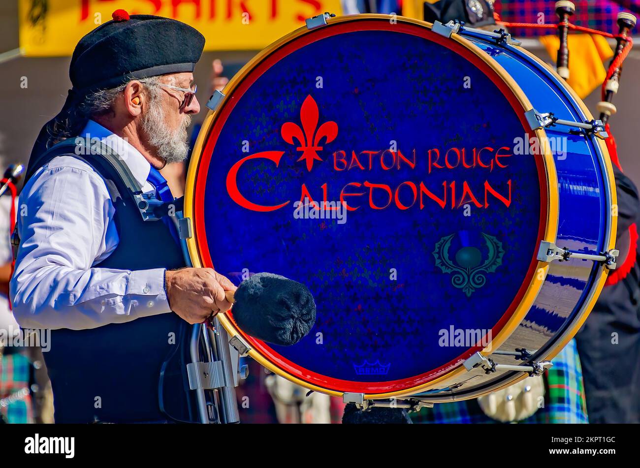 A drummer with Baton Rouge Caledonian Pipes and Drums performs during
