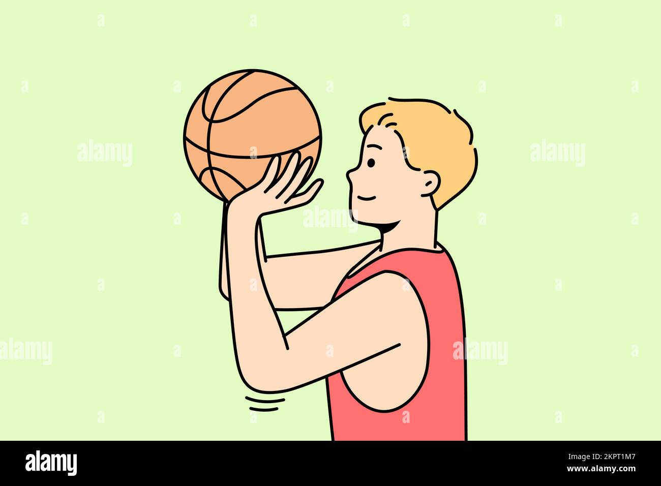 Boy throws ball into hoop or through net. Guy playing basketball or volleyball on court. Basketballer, hoopster, player trying to hit into rim. Sportsman practices drills. Young man training. Stock Vector