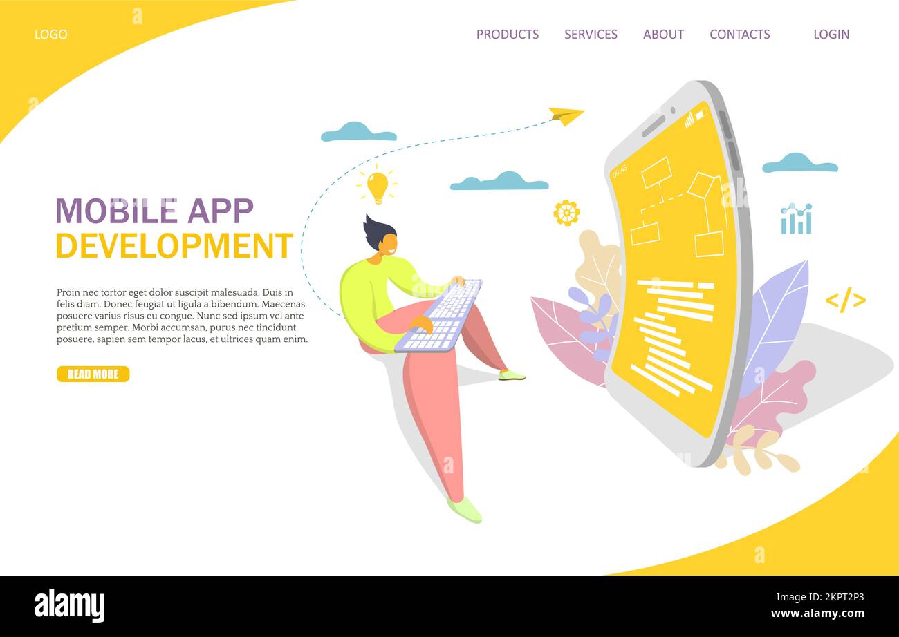 Mobile app development vector website template, web page and landing page design for website and mobile site development. Application development serv Stock Vector
