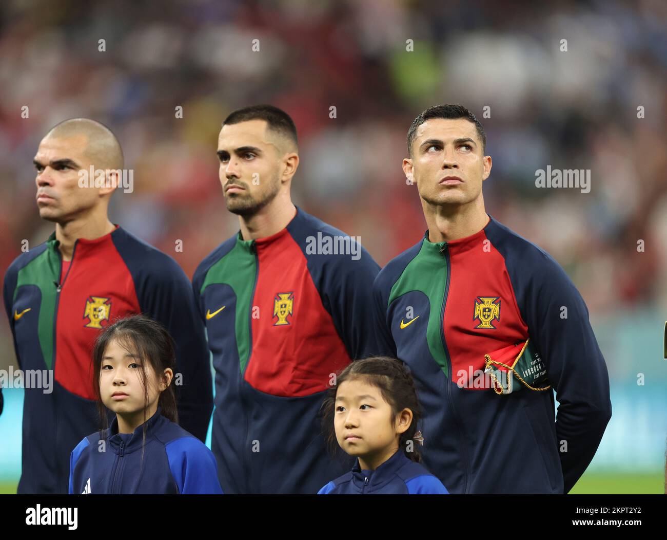 Lusail, Qatar. 28th Nov, 2022. Pepe, Diogo Costa and Cristiano Ronaldo (L to R) of Portugal line up prior to the Group H match between Portugal and Uruguay at the 2022 FIFA World Cup at Lusail Stadium in Lusail, Qatar, Nov. 28, 2022. Credit: Han Yan/Xinhua/Alamy Live News Stock Photo